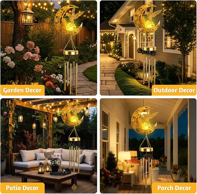 Solar Wind Chimes for Outside Hummingbird Gifts for Women Mom Grandma Sister Crackle Glass Ball Wind Chimes Solar Lights Outdoor Decor for Garden Backyard Patio Yard Porch, Mothers Gift Birthday Gifts