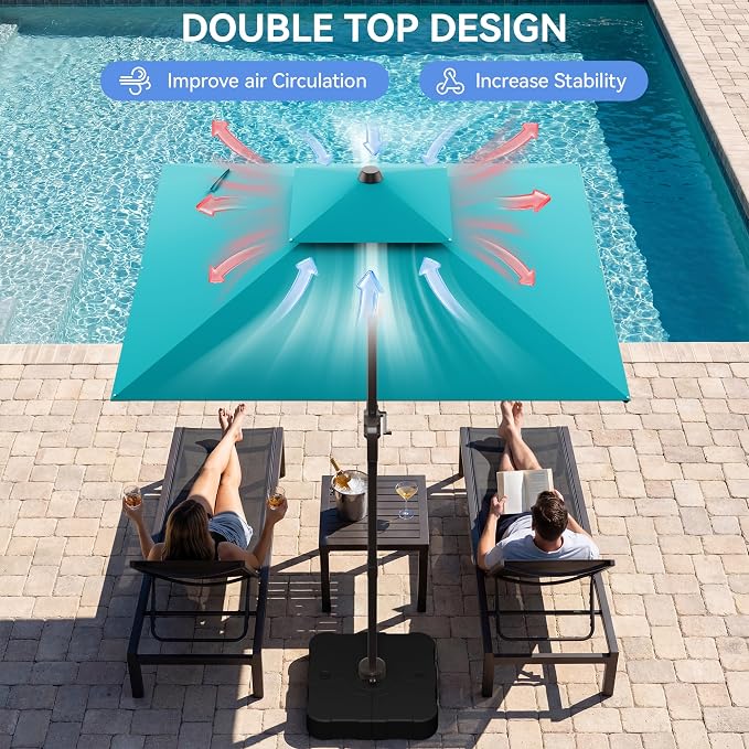 10x10FT Turquoise Cantilever Outdoor Patio Umbrella with Base, Large Square Offset Design, Double Top Heavy Duty Aluminum Frame & 360° Rotation for Pool Garden Deck Backyard