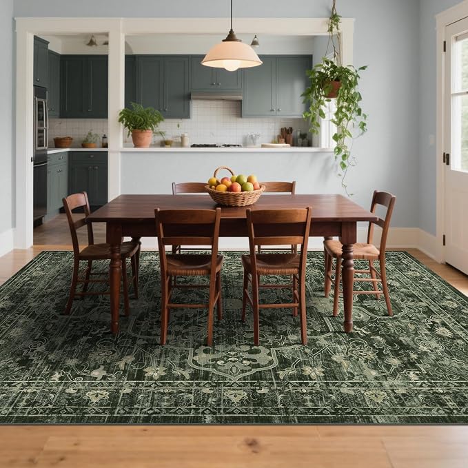 U'Artlines Boho Vintage Area Rug 8x10 Machine Washable Carpet, Dark Green | Low Pile, Non Slip, Ultra-Thin Soft Floor Carpet, Accent Rug for Living Room Bedroom Dining Room Office
