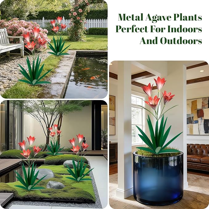 TOMBABY 32.28 Inch Metal Agave Plant Outdoor Decoration Lily Mexican Yard Art Garden Gift Home Decor Hand Painted Metal Agave Garden Yard Statue (1pc, Green)