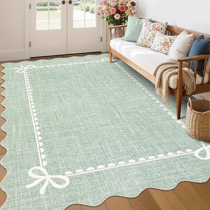 GarveeHome Scalloped Bow Rug 6x9 Washable Rugs for Living Room, Sage Green | Non Slip Soft Low Pile Indoor Large Carpet for Nursery Girls Bedroom Decor Hallway Kids Room College Dorm Playroom