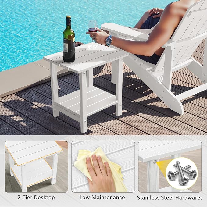 2 Tier Outdoor Side Table with Wood-Like Grain, 16.6" HDPE Adirondack Table Patio Side Table, Weather Resistant End Table for Pool, Patio & Porch, Small Outdoor Table (White, Rectangle)