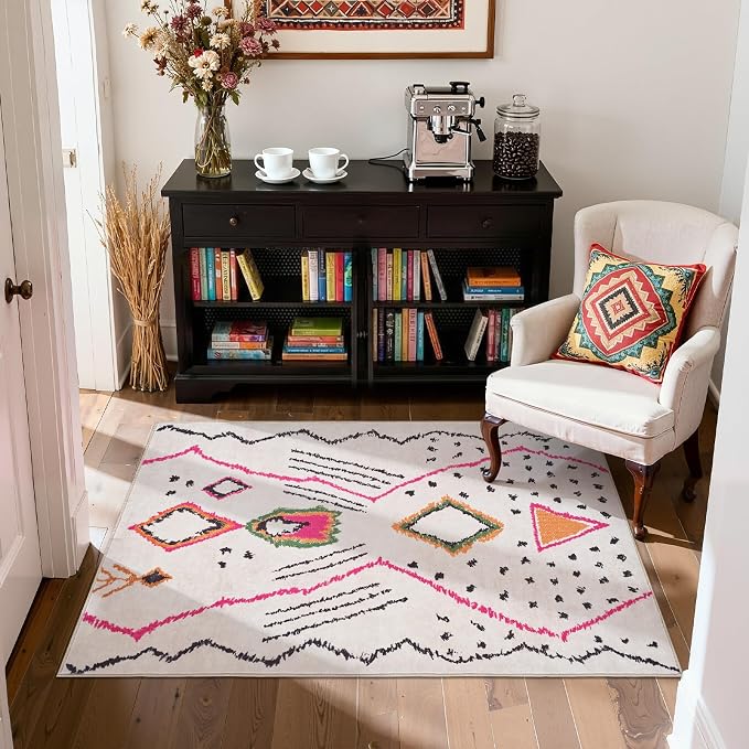 jinchan 3x5 Area Rug Hot Nerd Modern Boho Geometric Entryway Rug, Beige | Abstract Design, Tribal Inspired, Diamond Motifs, Washable, Soft Texture, Non-Slip, Low Pile, Bedroom, Living Room