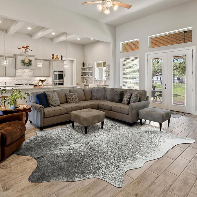 Faux Cowhide Rug for Living Room, 4.6 x 5.2 Feet Grey, Cow Print Skins Rug for Bedroom, Premium Faux Fur Animal Cow Hide Rugs Carpet for Western Decor