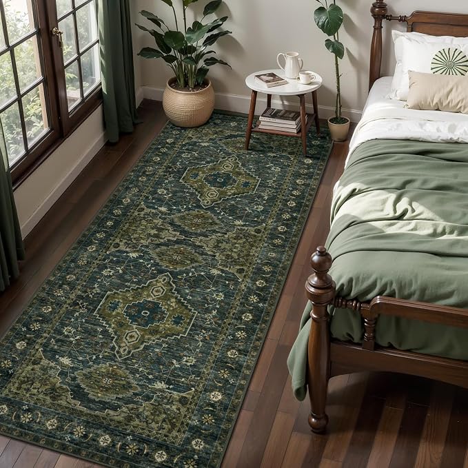 Tangsoo 2x6 Green Washable Runner Rug for Hallways, Non Slip Runner Rug | Vintage Soft Low Pile Long Rug Runner, Oriental Boho Print Carpet Runners for Kitchen Entryway Bedroom Bathroom Olive Green