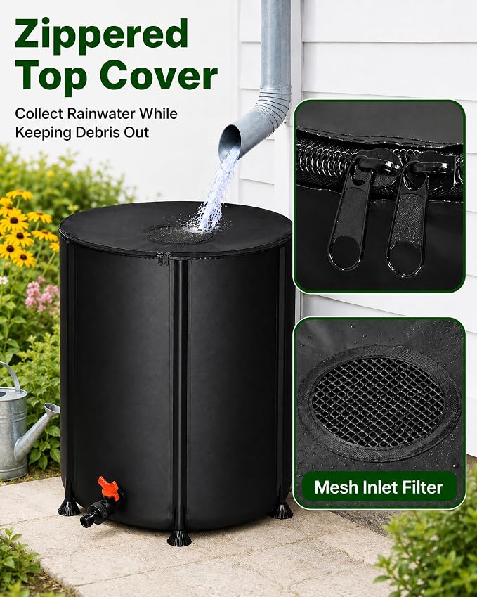 50 Gallon Collapsible Rain Barrel, Rain Water Collection Barrel System Kit, Collapsible Water Tank with Spigot and Overflow Kit, Portable Rain Water Catcher for Garden, Black