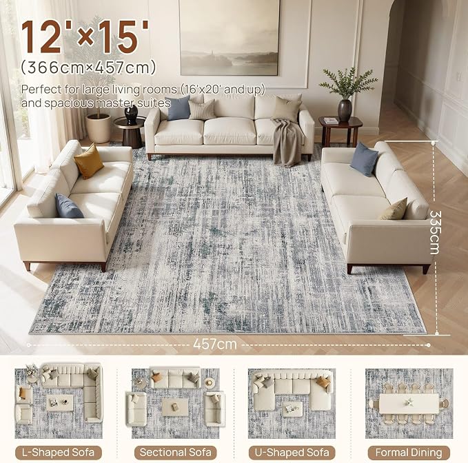 UERMEI 12x15 Area Rug for Living Room Washable Abstract Gray Carpet | Extra Large Soft Low Pile Stain Resistant Non Slip Kid Pet Friendly Open Floor Plan Rug For Bedroom Dining Office
