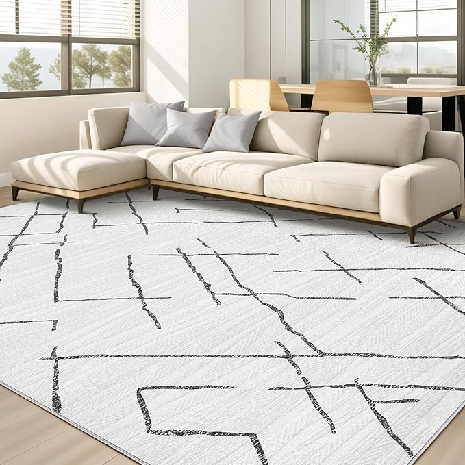 kakania Washable 10x12 Area Rug for Living Room: Boho Geometry Home Decor | Soft Stain Resistant, Low-Pile, Non-Slip, Pet & Kid Friendly, Thin Rug for Bedroom/Dining Room/Kids Dorm - Light Grey