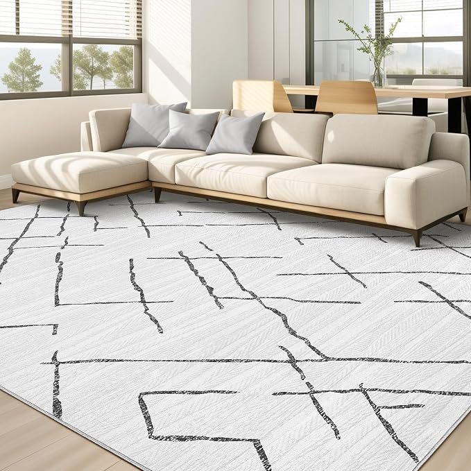 kakania Washable 8x10 Area Rug for Living Room: Boho Geometry Home Decor | Soft Stain Resistant, Low-Pile, Non-Slip, Pet & Kid Friendly, Thin Rug for Bedroom/Dining Room/Kids Dorm - Light Grey