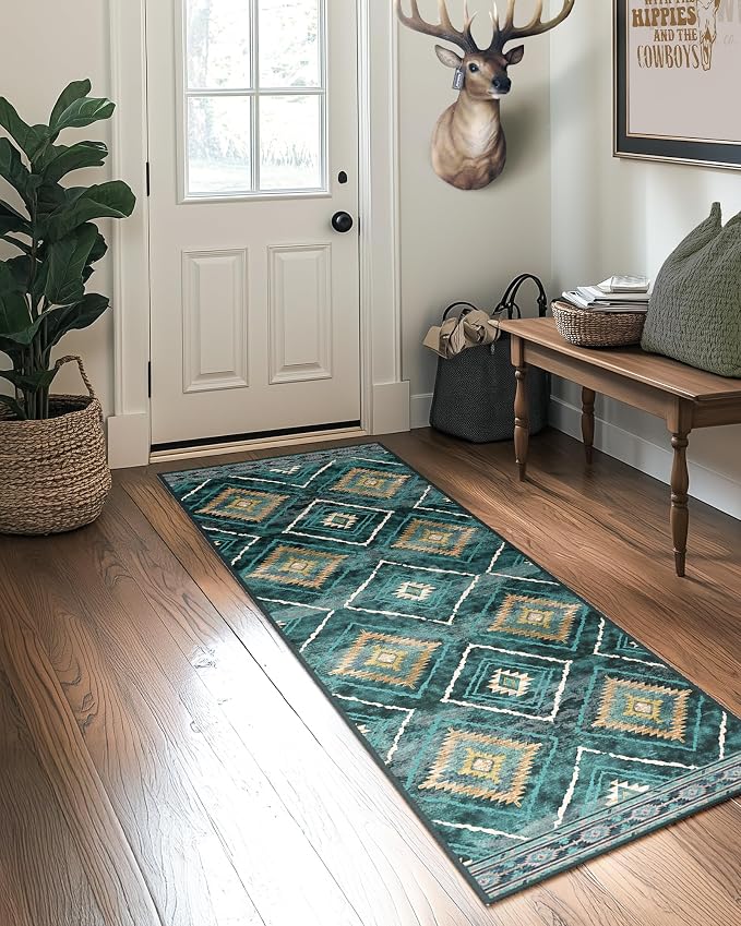 2'x10' Washable Area Rug for Living Room Runner Teal/Green | Soft Western No Slip Low Pile Print Foldable Indoor Small Rug for Kitchen entrance entryway hallway