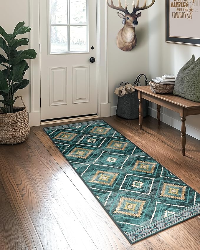 2'x6' Washable Area Rug for Living Room Runner Teal/Green | Soft Western No Slip Low Pile Print Foldable Indoor Small Rug for Kitchen entrance entryway hallway