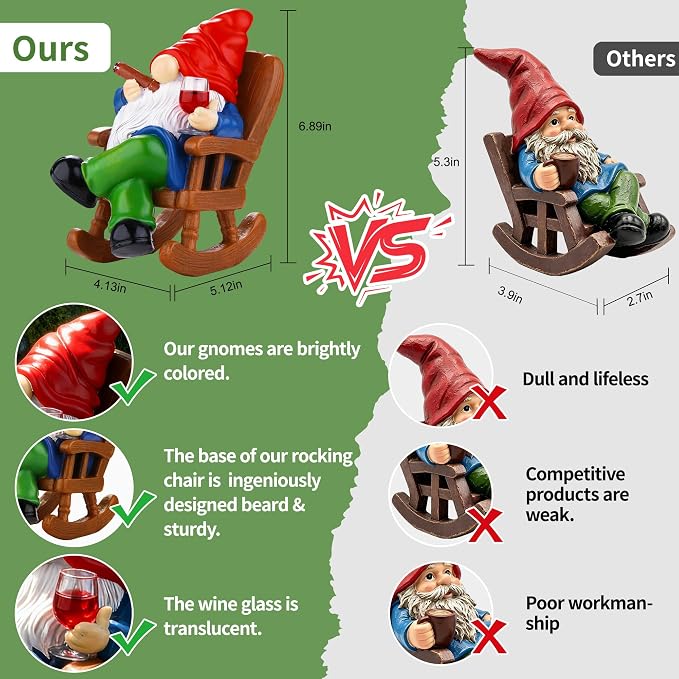 Funny Garden Gnomes for Outdoor, 7 Inch Gnomes Decorations for Yard with Rocking Chair & Wine Glass, Gnome Garden Decor for Home Patio Lawn, Gnomes Gifts for Women Spring Summer Christmas Halloween