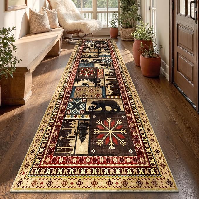 LOKHOM 3x10 Hallway Runner Rug, Non Slip Washable Western Cabin Bear Rugs | Bear Pattern, Low Pile Soft Kitchen Rug, Vintage Wildlife Accent Carpet Runner, For Laundry Bedroom Entryway Nursery