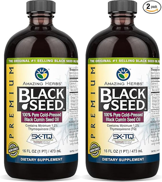 Amazing Herbs Premium Black Seed Oil - Gluten Free, Non GMO, Cold Pressed Nigella Sativa Aids in Digestive Health, Immune Support, Brain Function - 16 Fl Oz (Pack of 2)