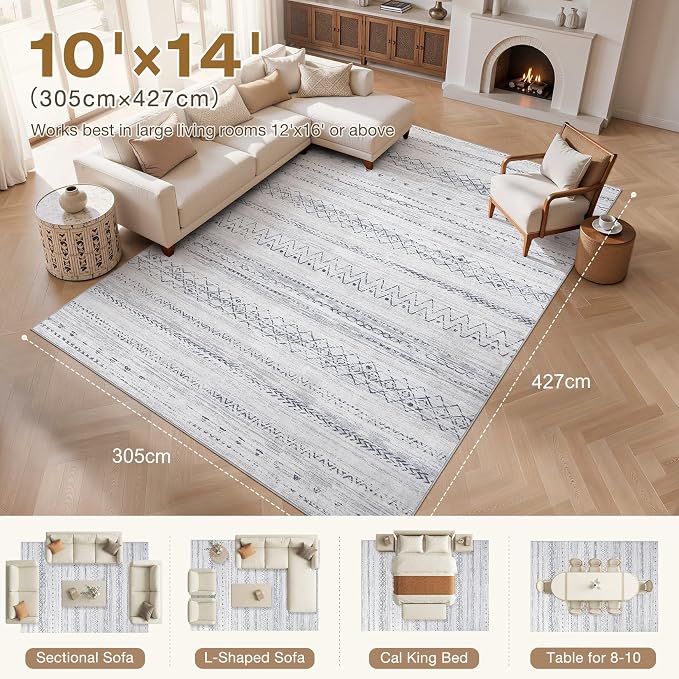 cotiled Boho 10x14 Area Rug for Living Room: Large Moroccan Washable Rug | Solve Modern Neutral Trendy Home Decor - Stain Resistan Carpet for Bedroom Farmhouse Grey