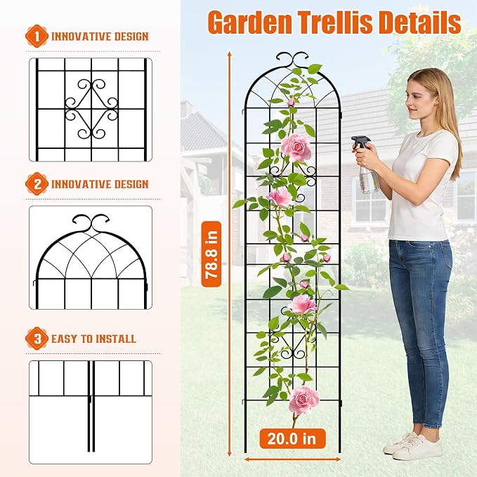 LZRS 4 Pack 78.7x20in Rustic Iron Arch Decoration Garden Trellis with Black Metal Coating – Perfect for Supporting Climbing Plants Outdoor, Roses, Vines, Flowers, and Vegetables.