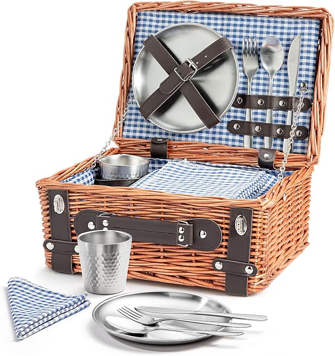 Picnic Basket Set for 2, Wicker Picnic Baskets with Waterproof Blanket and Cutlery Service Kit, Willow Hamper for Camping, Outdoors, Valentine's Day, Christmas, Birthday, Wedding Gift