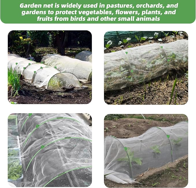 U0U Garden Mesh Netting Kit,7.8 x 24 Ft Plant Netting with Hoops,Bird Net for Garden with 6 Sets Garden Hoops & 18 Clips,Garden Net Bed Cover for Plants Birds Animals Protection (White)