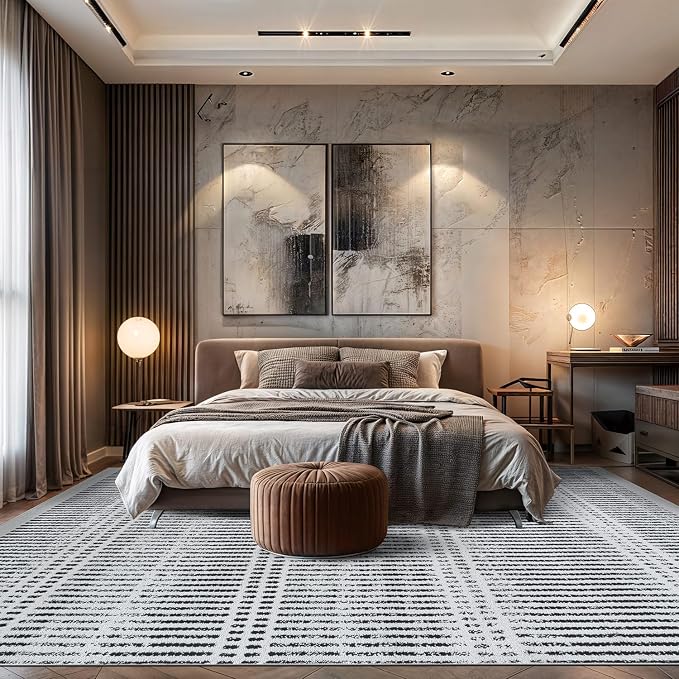 Rugshop Contemporary Stripe Lines High Traffic Area Rug Cream 7'10" x 10' | Rectangular, Size 7'10" x 10', Living Room, Bedroom, Dining Room, Home Office, Kitchen, Entryway, Hallway, Nursery, Kids Room