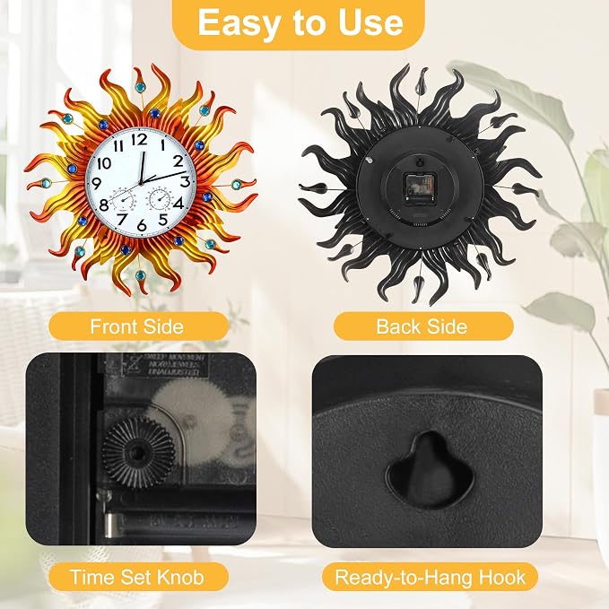 20 Inch Large Outdoor Clock with Thermometer and Hygrometer Combo, Silent Non-Ticking Sun Outdoor Wall Clock, Outdoor Clocks Waterproof for Patio, Garden, Kitchen, Living Room