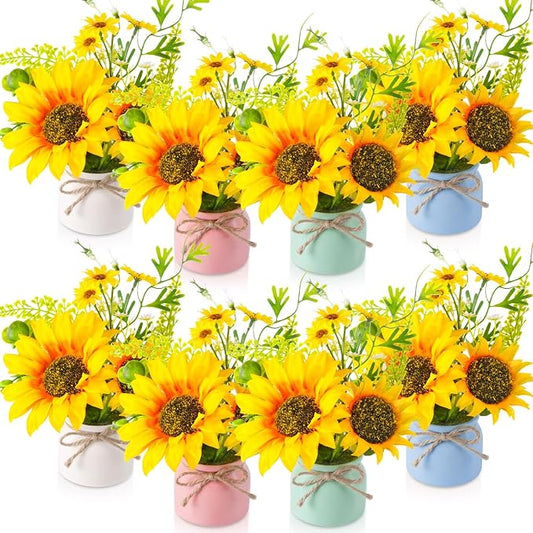 Zeyune 8 Pcs Sunflower Potted Plants Rustic Summer Spring Kitchen Wedding Table Centerpieces Silk Yellow Fake Flower with Plastic Pot for Home Bathroom Office (4 Colors,Sunflower)