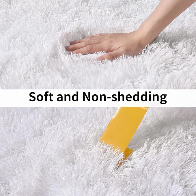Soft Shag Fluffy Living Room Rug 6x9 White Washable | Upgrade Non-slip, 6 x 9 Shaggy Area Rugs for Bedroom, High Pile Fuzzy Plush Carpet Girls Kids Room Dorm, Flame Resistant