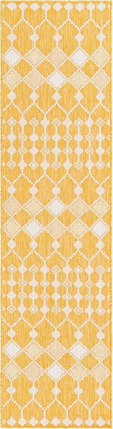 Unique Loom Outdoor Trellis Collection Area Rug - Traliccio (2' x 7' 10" Runner, Yellow/ Ivory)