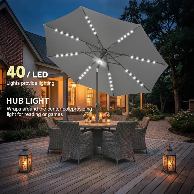 10FT Solar Umbrella Outdoor - Lighted Solar Patio Umbrella with 40 LED Lights Waterproof UV Protection, Table Umbrella with Tilt for Pool, Porch, Garden, Deck, Backyard (Anthracite)