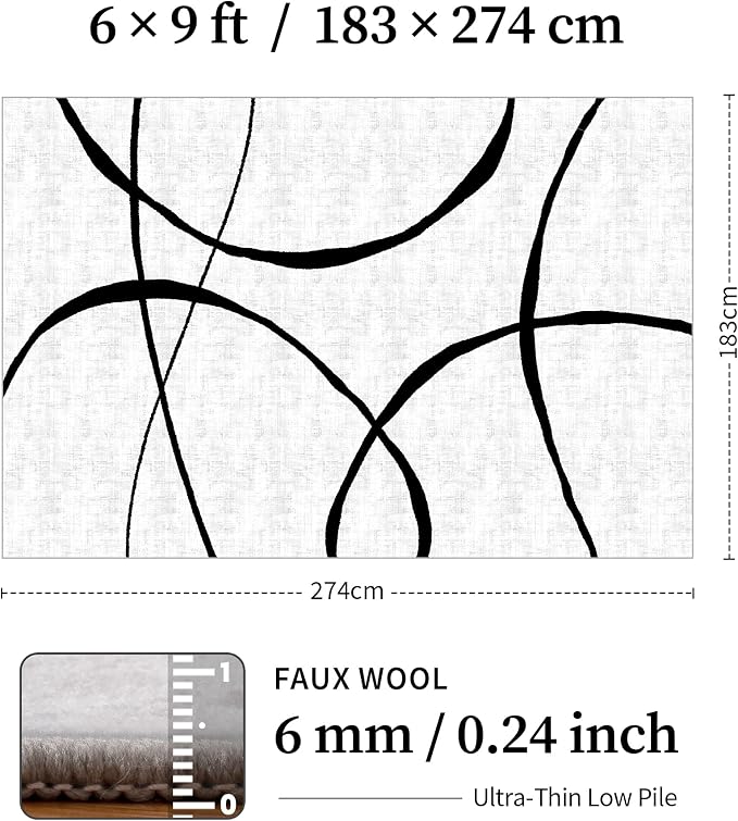6x9 Washable Modern Abstract Black White Area Rug | Ultra-Thin Low Pile, Non-Slip TPE Backing, Soft Stain Resistant, Machine Washable, for Bedroom Livingroom High Traffic