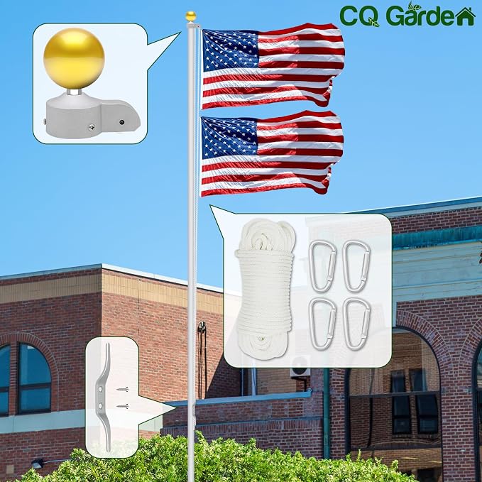 Flag Pole Pulley and Rope kit for 2" to 2.6" Diameter Flag Poles, 50FT Rope, 3.5" Flag Pole Topper, Cast Aluminum Flag Pole Truck, Metal Snap Clips and Cleat (Gold)