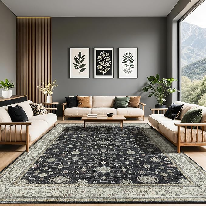 LBRO2M Machine Washable Rug Soft Pet Friendly Carpet 9X12 Black | Vintage Rug 9X12 for Living Room, Bedroom, Dining Room, Home Office, Non Slip Carpet, Foldable Stain Resistant Rugs