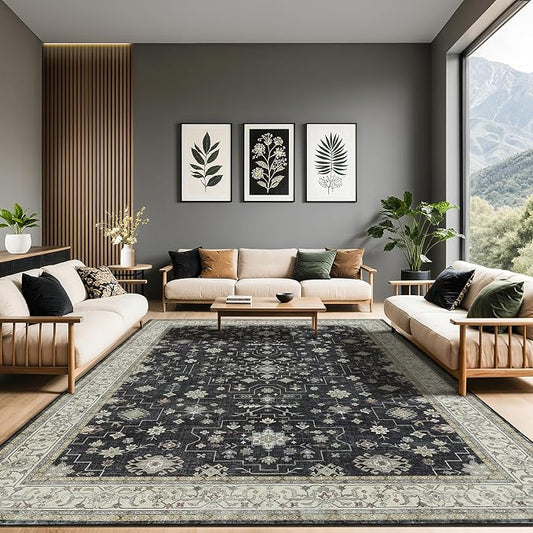 LBRO2M Machine Washable Rug Soft Pet Friendly Carpet 8X10 Black | Vintage Rug 8X10 for Living Room, Bedroom, Dining Room, Home Office, Non Slip Carpet, Foldable Stain Resistant Rugs