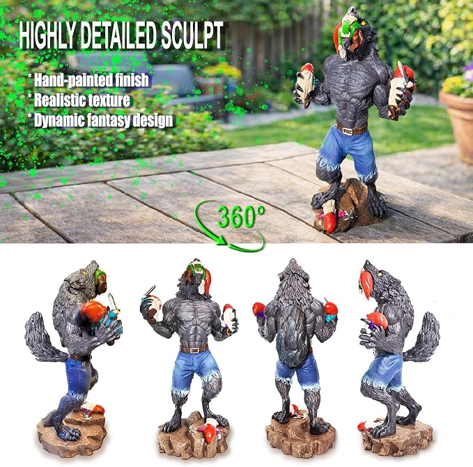 Garden Gnomes Outdoor, Gnome Garden Decor, Funny Werewolf Garden Statue 12.6", Waterproof Resin, Weather-Resistant Lawn Ornament for Patio & Yard, Gift for Garden Lovers