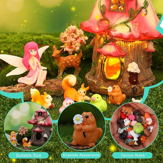 75 Pcs Fairy Garden House Resin Kit Glowing Tree House Miniature Garden Fairy Animals Decor Mini Landscape Ornaments