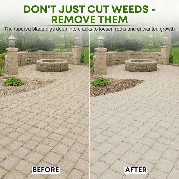 BICRACKIE Stand-Up Crack Weeding Tool with 60" Steel Pole; Steel Blade with 2-Sized, 5" Tapered Ends for Driveways, Patios, Sidewalks, Pavers to Remove Weeds Easily; Made in USA