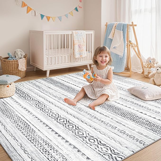 kakania Washable 8x10 Area Rug for Living Room: Boho Geometry Home Decor | Soft Stain Resistant, Low-Pile, Non-Slip, Pet & Kid Friendly, Thin Rug for Bedroom/Dining Room/Kids Dorm - Square Grey