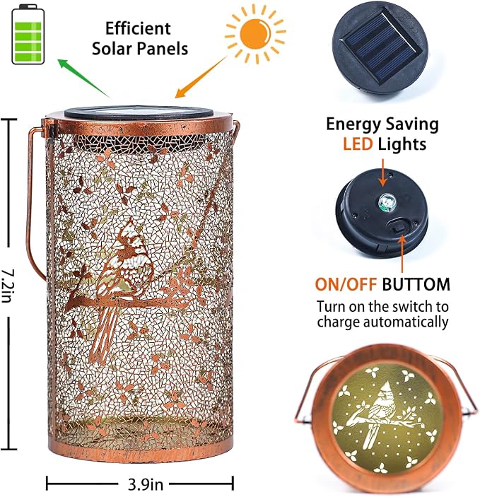 2 Pack Cardinal Outdoor Solar Hanging Lanterns Waterproof LED Solar Lights Metal Decorative Lanterns for Garden, Patio, Courtyard, Backyard, Yard Decor Unique Cardinal Gifts for Women Gardening
