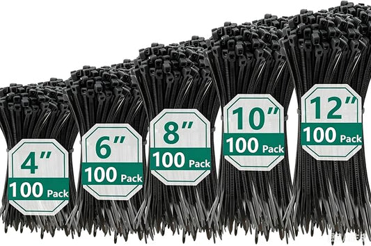 MasiStran 500 PCS Zip Ties Assorted Sizes 4+6+8+10+12 Inch Self-locking Nylon Cable ties Outdoor, UV Resistant Wire Straps for Home Office Garden Workshop Indoor Outdoor Fence(Black)