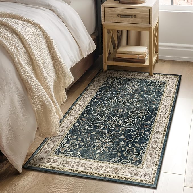 Farmhouse Distressed 3x5 Area Rugs for Entryway Foyer, Washable Non Slip Low Pile Throw Rugs for Kitchen, Vintage Medallion Pinted Carpet for Bedroom/Bathroom/Home Office, Midnight/Multi