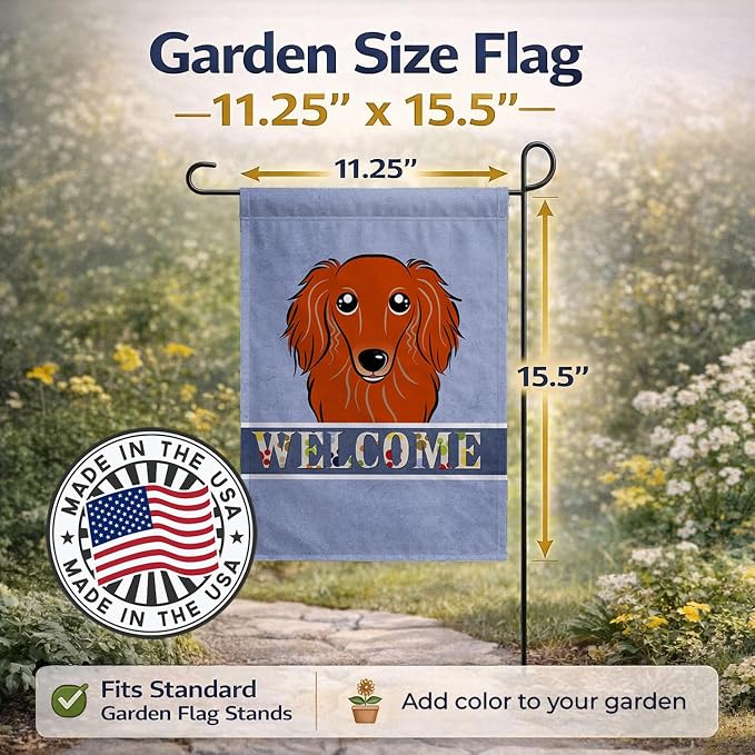 Caroline's Treasures BB1400GF Longhair Red Dachshund Welcome Garden Flag, Blue Mailbox Flag Decorative Yard Flag Banner Outside Patio Artwork Yard Flower Beds, Garden Size, Multicolor