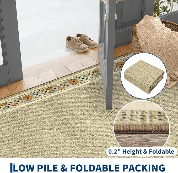 Garvee 2x6 Tribal Border Kitchen Rugs Washable Rugs for Hallway, Linen | Floral Border Area Rug Stain Resistant Easy Cleaning Throw Rugs Low Pile Floor Cover for Bedroom Laundry