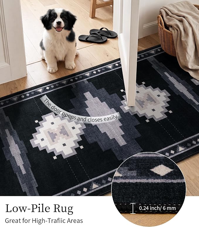 YIHOUSE 2'x6' Washable Hallway Runner Rug, Black and Grey Western Aztec Rug | Non-Slip, Low Pile, Soft, Tribal Geometric Design, for Entryway Kitchen Boy Bedroom, Stain Resistant, Pet Friendly