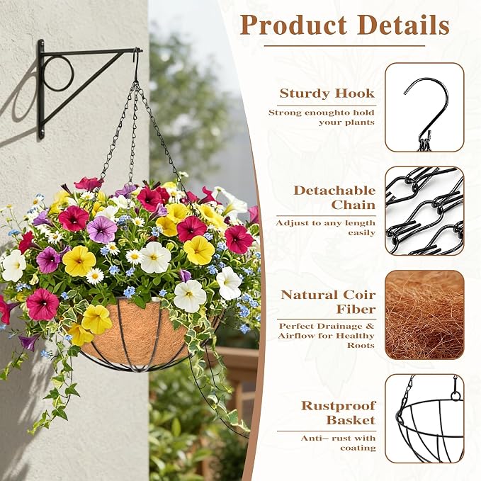 4 Pack Hanging Planter for Outdoor Plants 14 inch Metal Hanging Flower Basket with Coco Coir Liner Round Wire Plant Holder Chain Flower Pots Outdoor Garden Decoration Watering Hanging Baskets(XG)