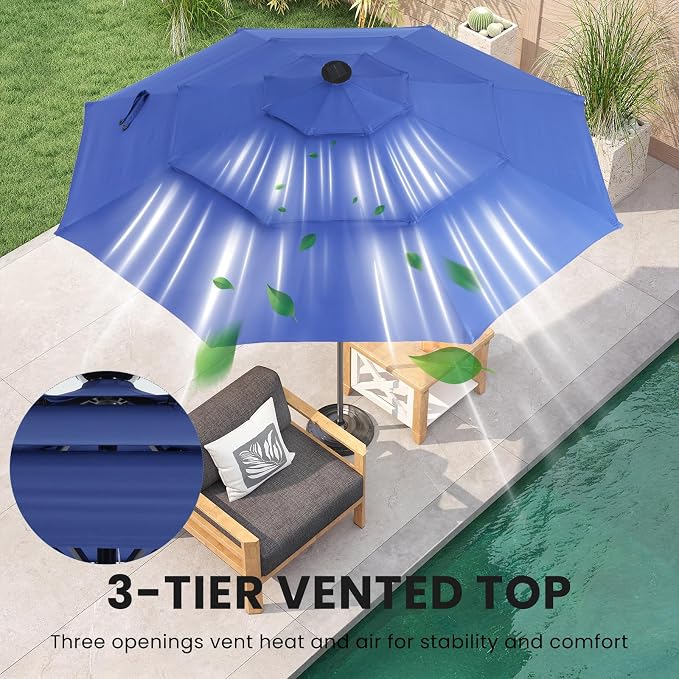 DUMOS Outdoor Solar Patio Umbrella 3 Tiers with 32 LED Lights, Beach Market Table Umbrella with Crank and 8 Sturdy Ribs for Pool, Terrace, Restaurant