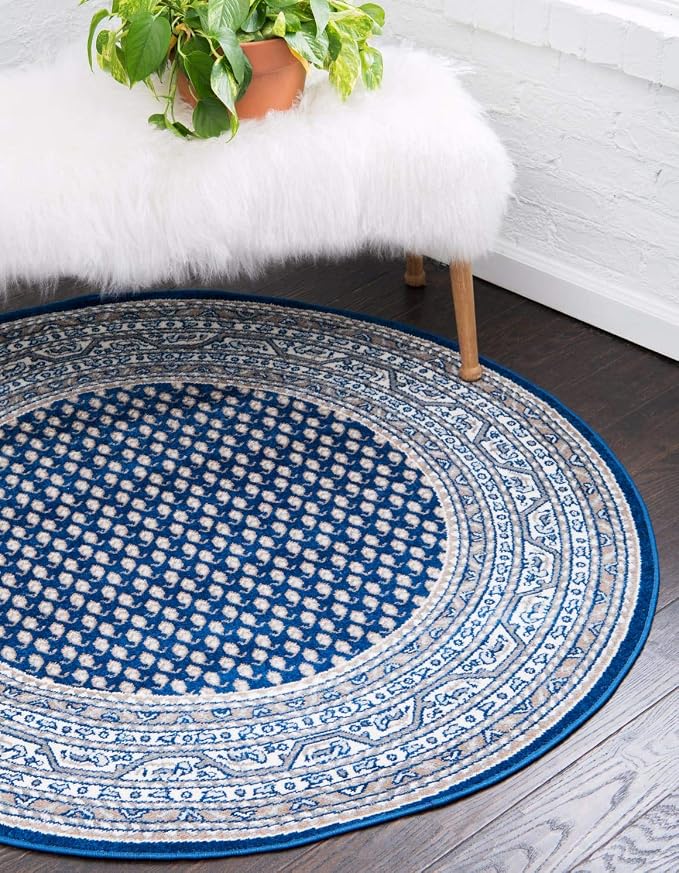 Unique Loom Williamsburg Collection Traditional Border with Dotted Center Area Rug, Round 3' 7" x 3' 7", Navy Blue/Gray