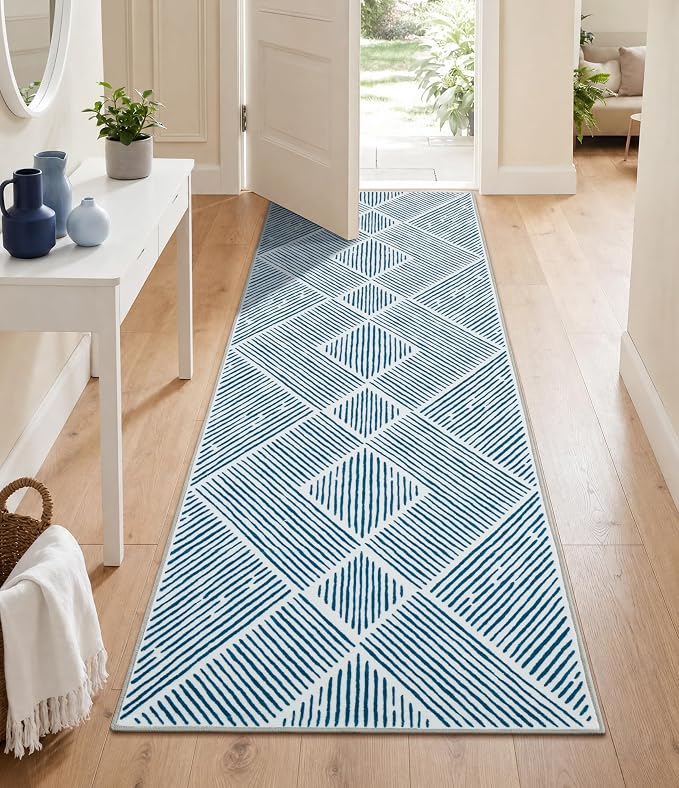 2‘x6' Washable Blue and White Geometric Runner Rug for Kitchen | Non-Slip, Low Pile, Stain Resistant, Modern Navy Blue Stripe Long Rug for Hallway Entryway Bedroom