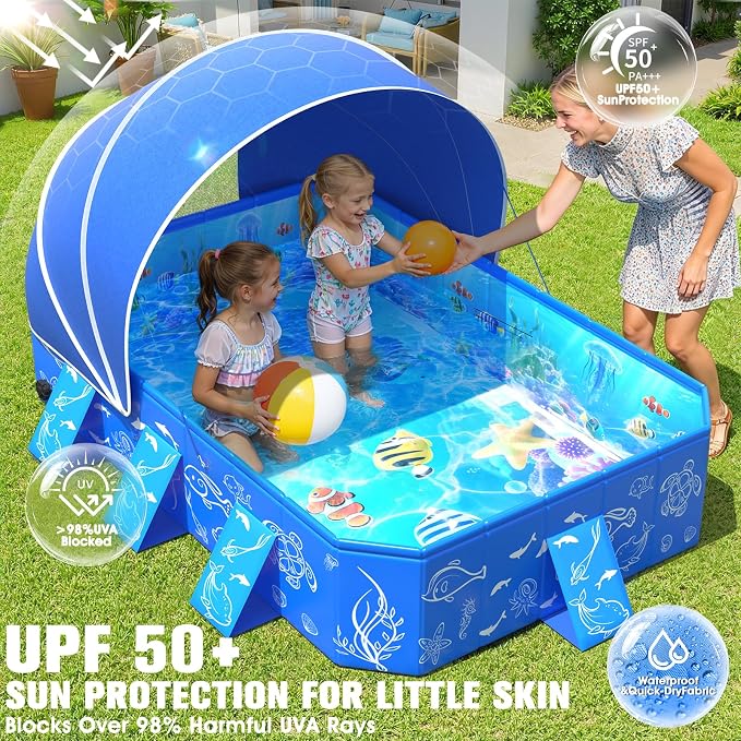 2026 Kiddie Pool with Canopy,Baby Beach Pool for Toddler53×40×33IN | Non-Inflatable Portable Pool for Kids,Foldable Toddler Pool with Shade,Kiddie Pool for Backyard,Pop Up Baby Swimming Pool