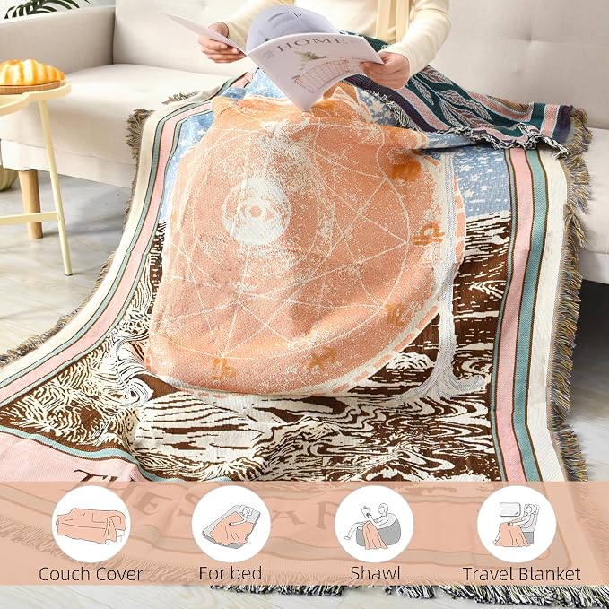 Boho Throw Blanket Reversible Cotton Bohemian Tapestry Hippie Room Decor Double Sided (Boho The Star 50"x60")