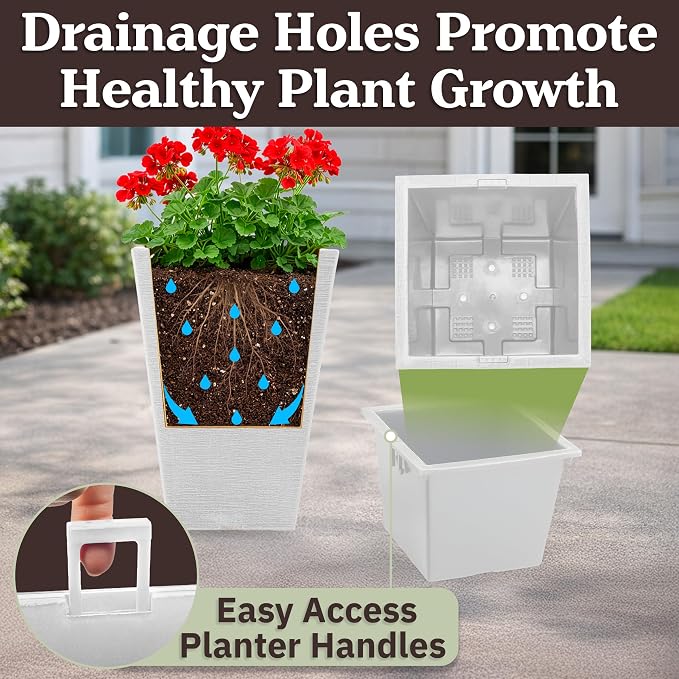 Large Outdoor Planters 2-Pack - 13.75-Inch Tall Planters for Outdoor Plants or Indoor Pots for Plants - Plastic Flower Pots for Patio, Entryway, or Front Porch Decor by Pure Garden (White)