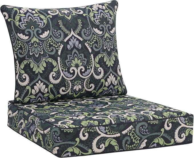 Favoyard Outdoor Deep Seat Patio Cushions Set, 22 x 22 Inch Rainproof & 3-Year Fade Resistant Patio Furniture Cushion, Removable Bottom & Back Cushion with Ties for Yard, Garden, Green Floral